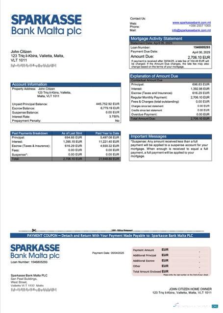 Download Malta Sparkasse Bank Malta PLC mortgage statement Word and PDF template Photoshop template